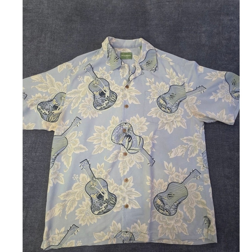 Tommy Bahama Mens Large Silk Ukulele Floral Camp Shirt Blue Short Sleeve Aloha